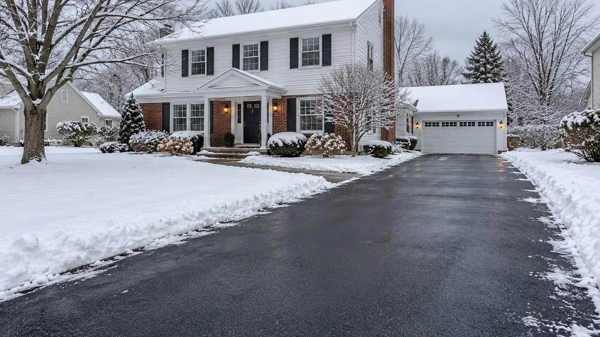 Freshly plowed asphalt driveway with clean edges beside a snow-covered lawn