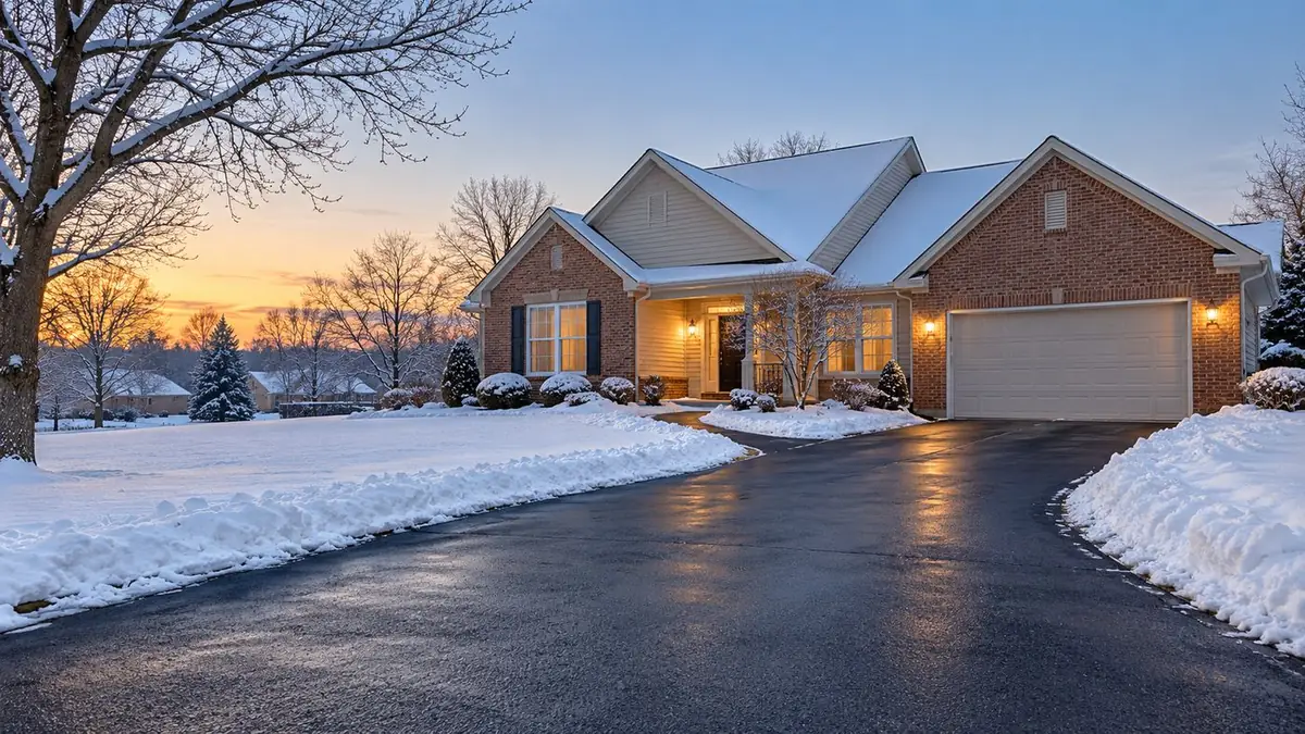 Cleared driveway in front of a glowing brick home at dusk after a snowfall