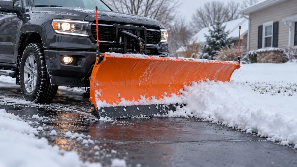 Close-up of an orange snow plow blade rolling a curl of fresh snow