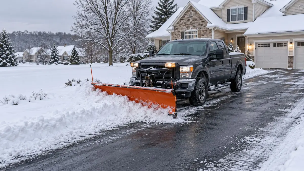 Black pickup truck with an orange plow pushing a wall of snow down a residential driveway