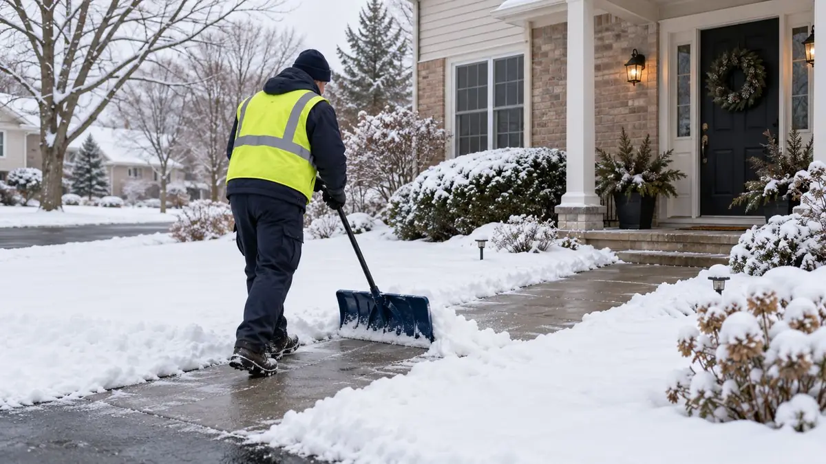 Crew member in a high-visibility vest shoveling a front walkway